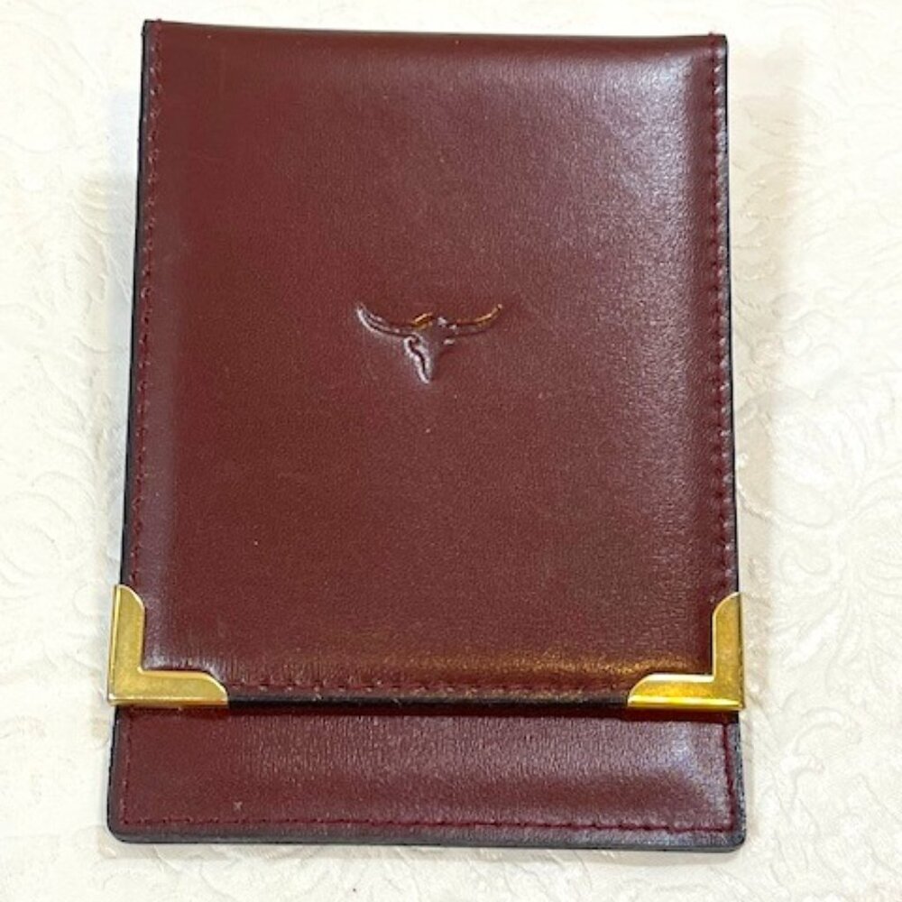 VTG Burgundy Red Leather 3.25"x3.75" Notepad Holder Longhorn Motif Logo